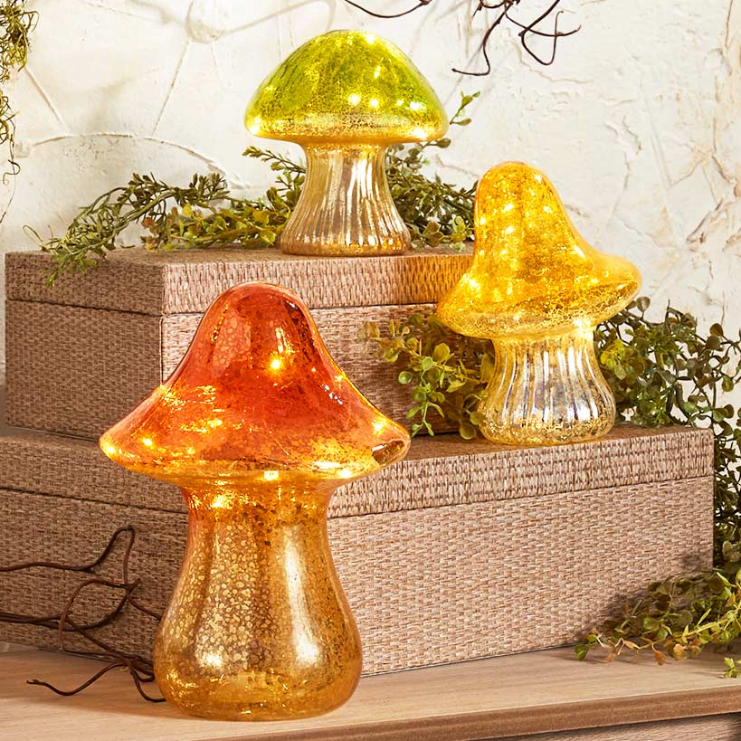 Fall Lighted Glass Mushrooms - Green Yellow or Orange