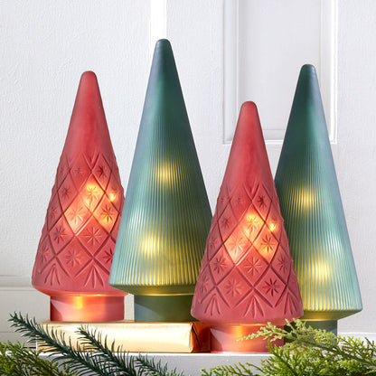 Lighted Burgundy Snowflake or Green Ribbed Glass Tabletop Tree