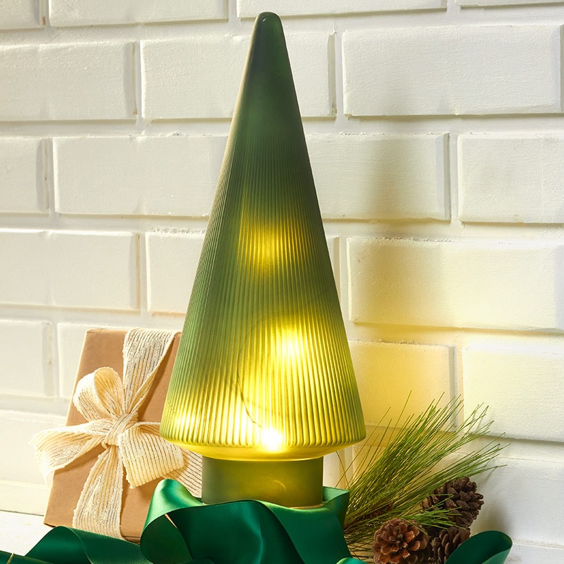 Lighted Burgundy Snowflake or Green Ribbed Glass Tabletop Tree